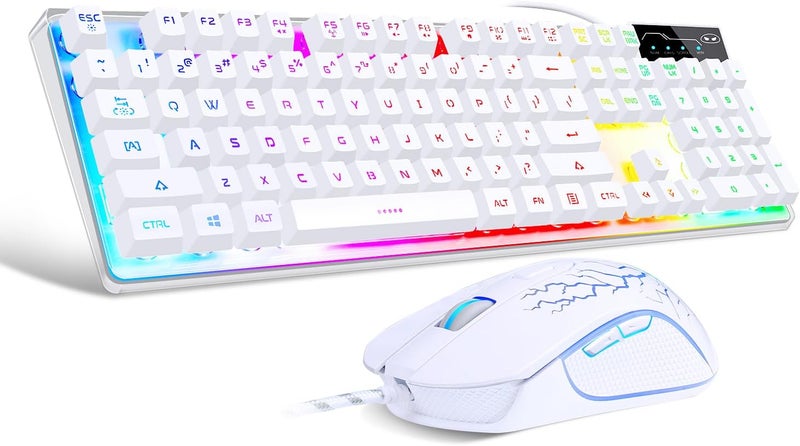 مايجغي مجموعة لوحة مفاتيح وفأرة للألعاب، لوحة مفاتيح K1 مضيئة بالأضواء الLED RGB مع 104 أزرار للكمبيوتر أو الجهاز اللوحي (لون أبيض) - Image 1