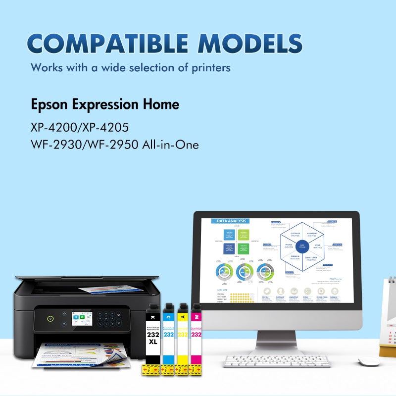 Cool Toner حزمة خراطيش حبر 232XL 232 XP-4200 المعاد تصنيعها بديل لخراطيش الحبر 232 XL لطابعة إبسون XP4200 XP 4200 ووركفورس WF-2930 XP-4205 WF-2950 (4 عبوات، أسود، أزرق، أرجواني، أصفر) - Image 2