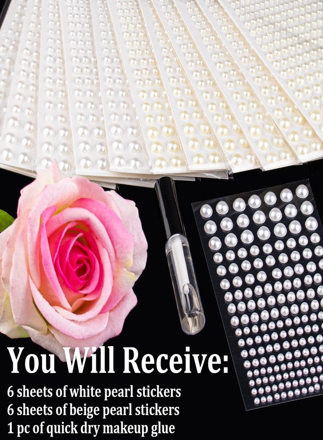 BELLEBOOST 2364 Pcs of Pearl Stickers 3/4/5/6/8mm White+Beige Pearls Self Adhesive Face Gems, Stick on Body Crystal Beads with Quick Dry Makeup Glue for Face Eye Hair Nails Make up and Craft DIY Decorations - Image 2