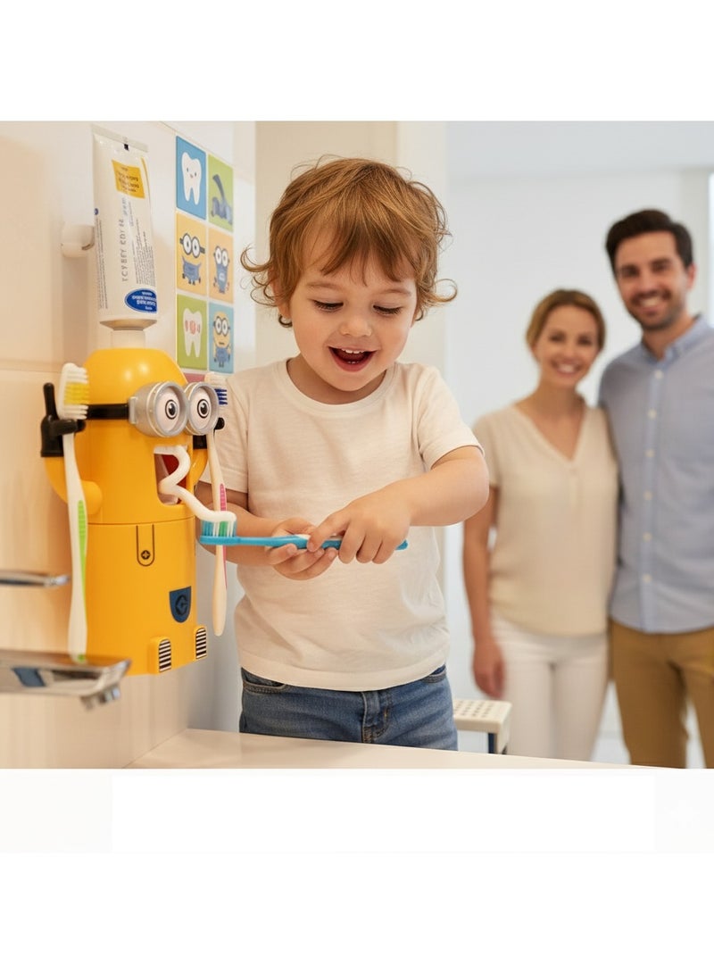 AMM Fun Minion 3-in-1 Toothpaste Dispenser Set – Wall Mounted Automatic Squeezer with 2 Toothbrush Holders, Yellow Kids Bathroom Organizer - Image 1