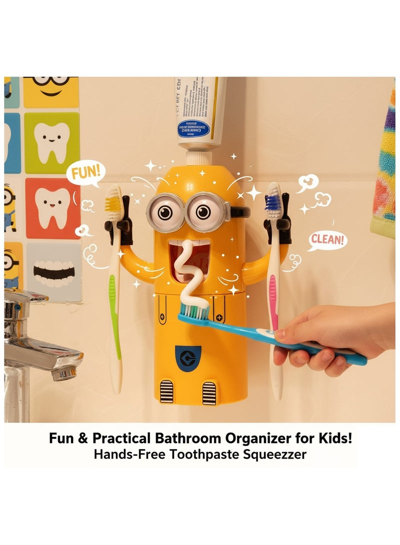 AMM Fun Minion 3-in-1 Toothpaste Dispenser Set – Wall Mounted Automatic Squeezer with 2 Toothbrush Holders, Yellow Kids Bathroom Organizer - Image 2