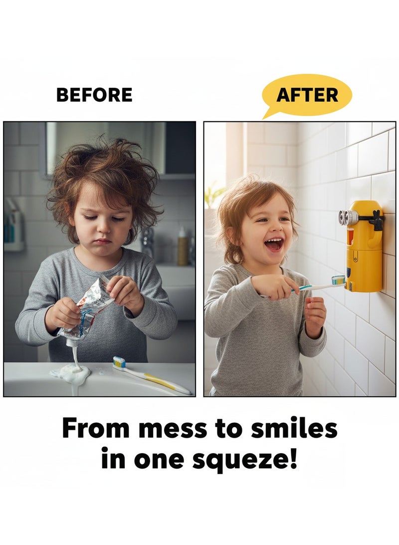 AMM Fun Minion 3-in-1 Toothpaste Dispenser Set – Wall Mounted Automatic Squeezer with 2 Toothbrush Holders, Yellow Kids Bathroom Organizer - Image 3