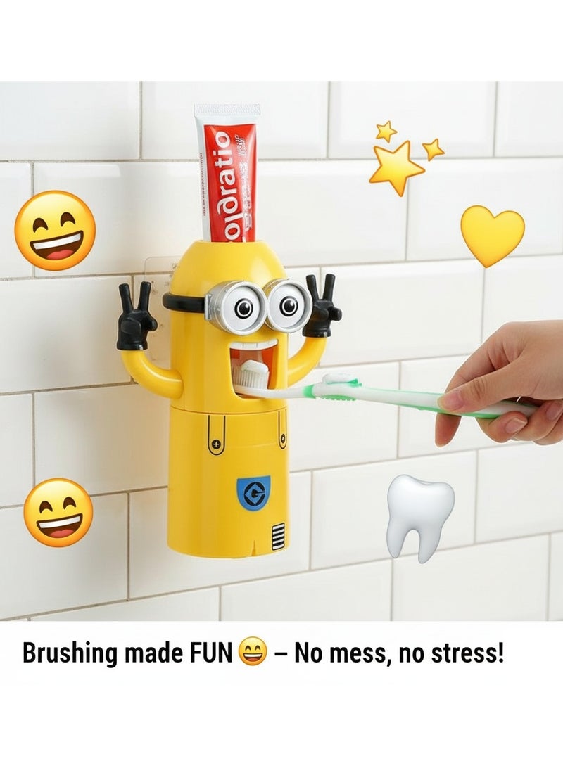 AMM Fun Minion 3-in-1 Toothpaste Dispenser Set – Wall Mounted Automatic Squeezer with 2 Toothbrush Holders, Yellow Kids Bathroom Organizer - Image 4