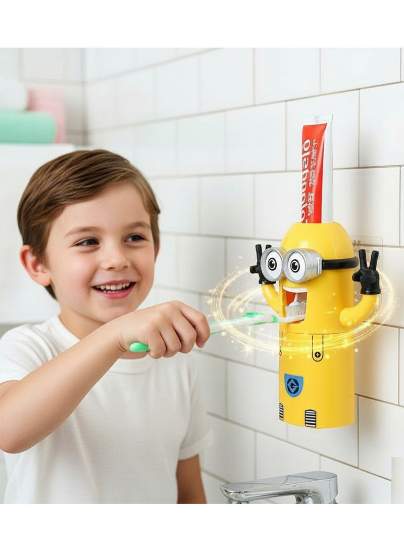 AMM Fun Minion 3-in-1 Toothpaste Dispenser Set – Wall Mounted Automatic Squeezer with 2 Toothbrush Holders, Yellow Kids Bathroom Organizer - Image 5