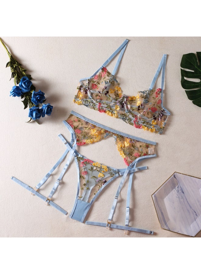 Perspective Yellow Pastoral Floral Bra Garter Belt Thong Leg Ring Three-piece Underwear Set