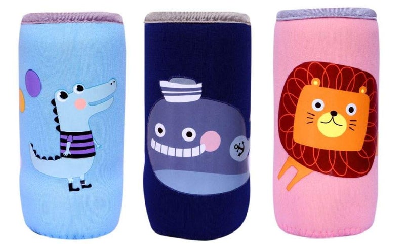 Alya The Cheeky Kidzz Stretchable Soft Reusable Baby Feeding Bottle Cover Sleeve Animal Printed with Holding Strap Suitable for 120ml 150ml 220ml 240ml Feeding Milk/Water Feeder Bottles(Pack of 3) - Image 1