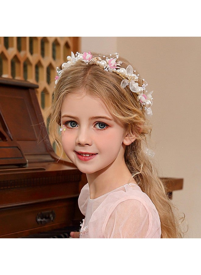 Ever Fairy Princess Flower Crystal Headpiece Girls Rhinestone Pearl Headband Women Wedding Floral Hairband Bridal Hair Accessories Photography For Girls And Women (Pink) - Image 1