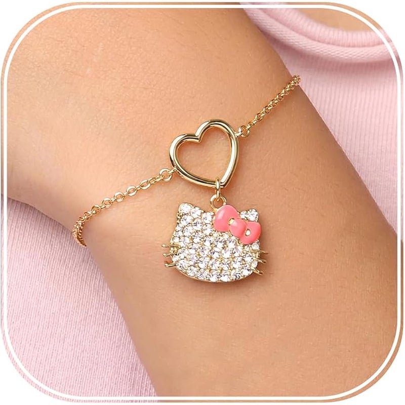 SALLY ROSE Hello Kitty Pave Crystal Charm Bracelet for Women, 6.75+1 18k Gold Flash-Plated Official License Hello Kitty Bracelet - Image 1