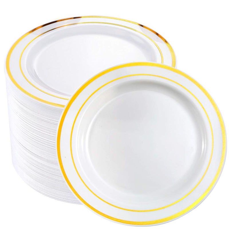 bUCLA 100Pieces Gold Plastic Plates75inch White and Gold Disposable SaladDessert Plates  Ideal for Weddings Party