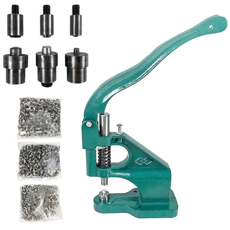 QWORK - Hand Press Heavy Duty Eyelet Grommet Machine Punch Tool Kit with 3 Dies and 1500 Pcs Silver Grommets - Image 1
