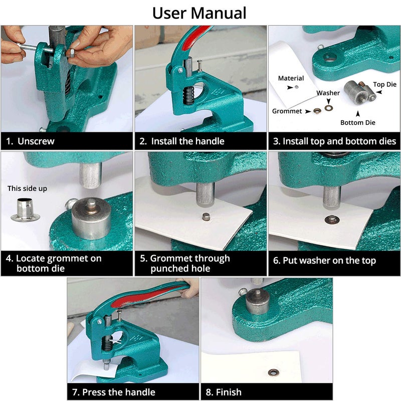 QWORK - Hand Press Heavy Duty Eyelet Grommet Machine Punch Tool Kit with 3 Dies and 1500 Pcs Silver Grommets - Image 3
