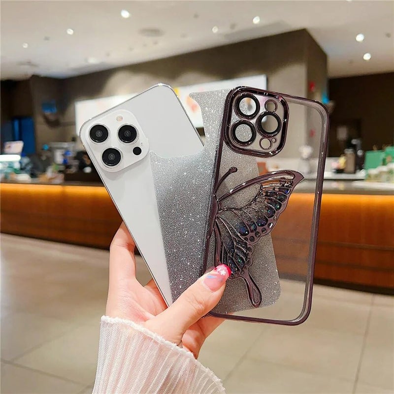 Mobistyle Silicone Designed For iPhone 13 Cover with Glitter Cute Butterfly Electroplate Plating Design Back Cover Case For Women Teen Girls (Blue) - Image 5