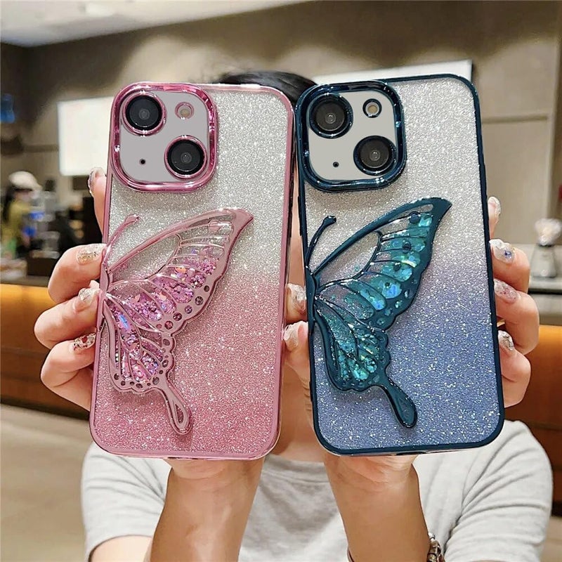 Mobistyle Silicone Designed For iPhone 13 Cover with Glitter Cute Butterfly Electroplate Plating Design Back Cover Case For Women Teen Girls (Blue) - Image 4