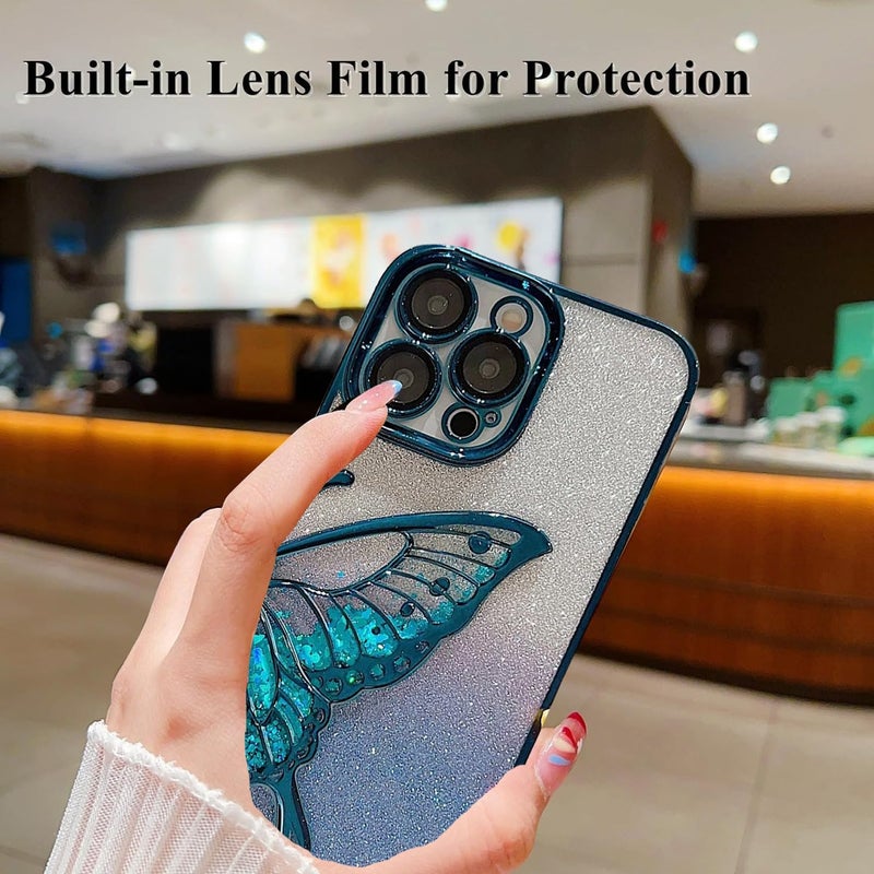 Mobistyle Silicone Designed For iPhone 13 Cover with Glitter Cute Butterfly Electroplate Plating Design Back Cover Case For Women Teen Girls (Blue) - Image 2