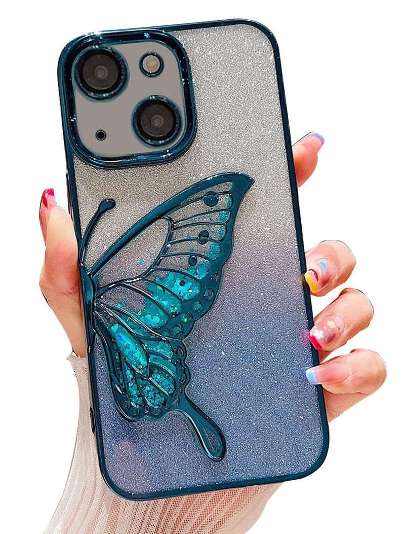 Mobistyle Silicone Designed For iPhone 13 Cover with Glitter Cute Butterfly Electroplate Plating Design Back Cover Case For Women Teen Girls (Blue) - Image 1