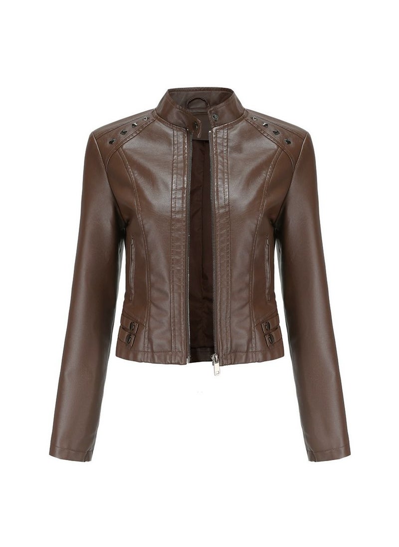 Women's New Riveted Leather Stand Neck Fashion Jacket Brown - pzsku/ZFE62B13C237F61E7575DZ/45/_/1691898622/7e65444a-c832-47dd-b8cc-b976cdd56802