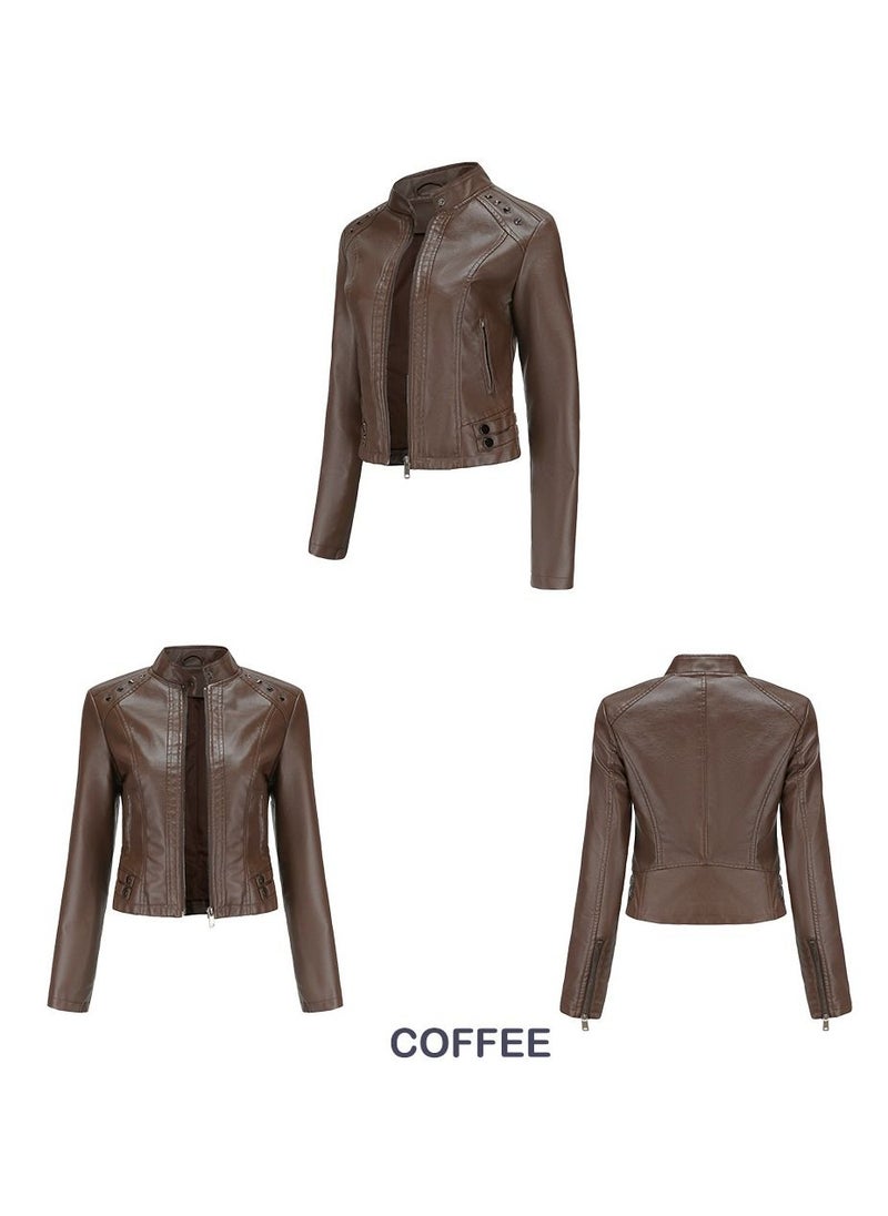 Women's New Riveted Leather Stand Neck Fashion Jacket Brown - pzsku/ZFE62B13C237F61E7575DZ/45/_/1691898623/cb76fd83-00a4-43de-b830-3e316462992a