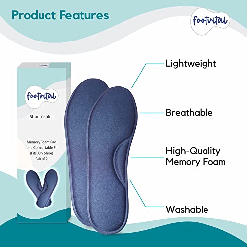 Footvital Memory Foam Shoe Insoles for Men and Women | Soft Cushioned Inserts for Long Standing and Walking | Supports Heel and Arch | Shock Absorbing | Moisture Absorbing | Lightweight Washable Insoles for All Shoes | 2 Pairs | Blue | Size 8 - Image 3