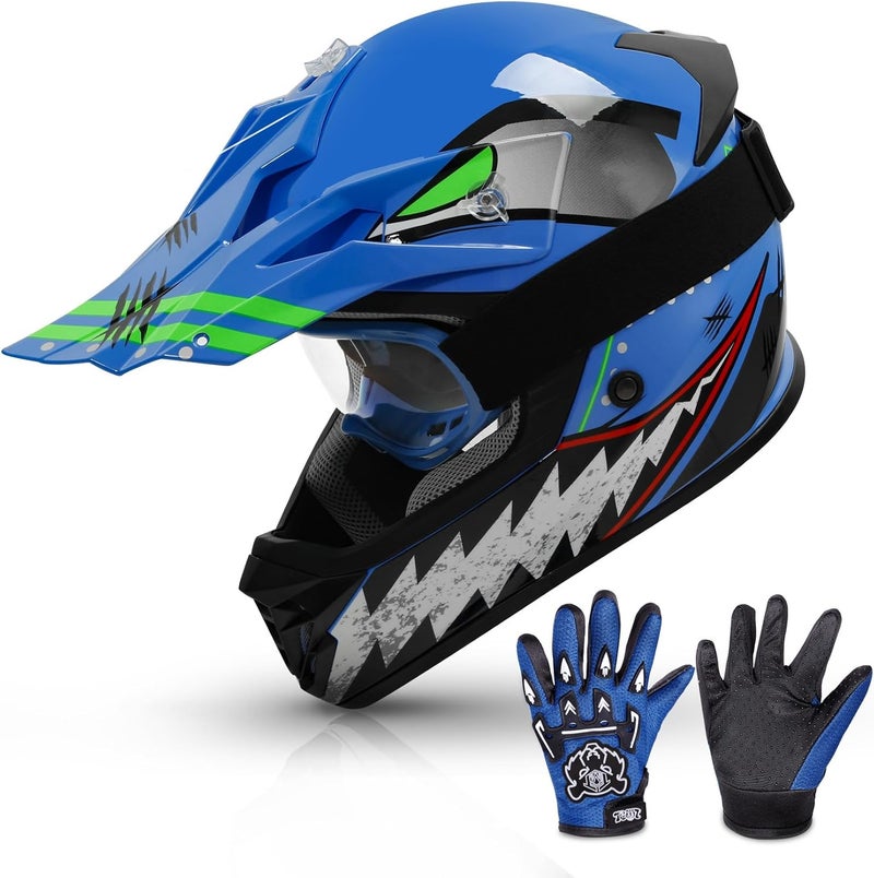 TCMT Youth & Kids Motorcycle Off-Road Full Face Helmet with Goggles and Gloves - Blue Shark Pattern - Image 1