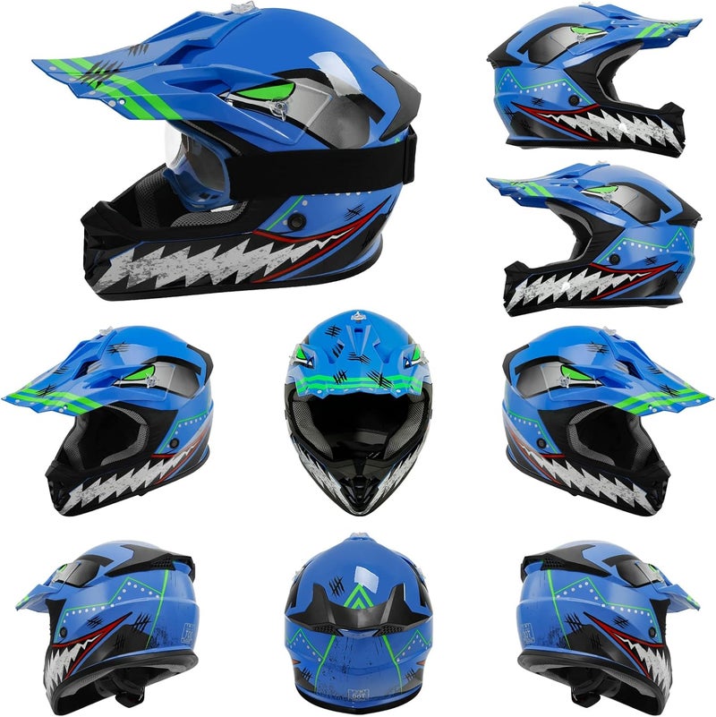 TCMT Youth & Kids Motorcycle Off-Road Full Face Helmet with Goggles and Gloves - Blue Shark Pattern - Image 3