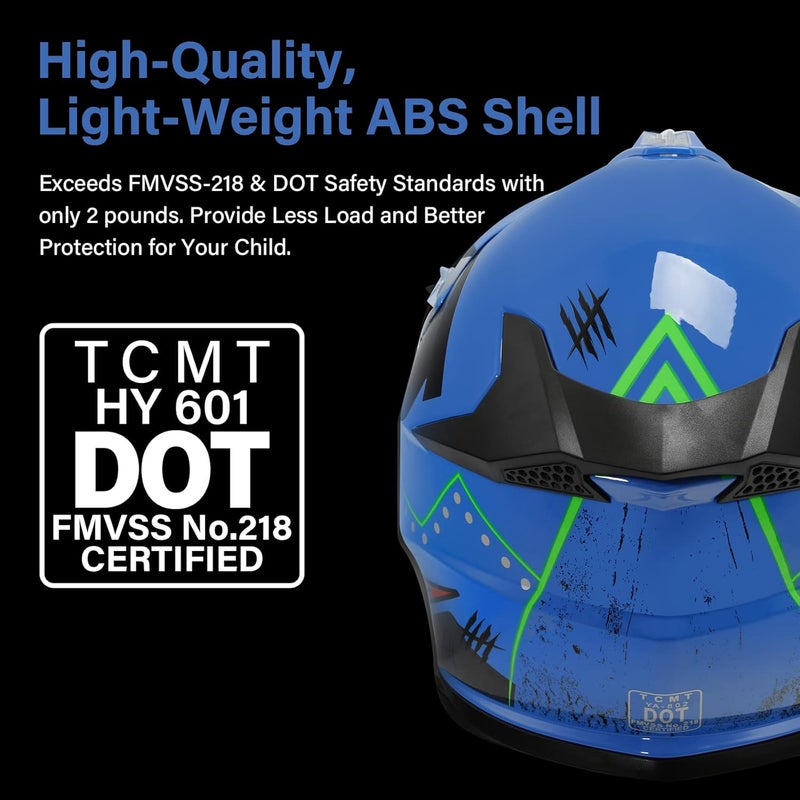 TCMT Youth & Kids Motorcycle Off-Road Full Face Helmet with Goggles and Gloves - Blue Shark Pattern - Image 2