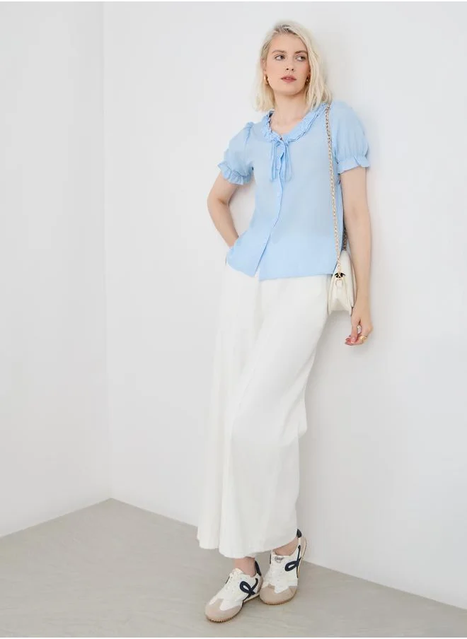 Take Two Take Two Solid Puff Sleeve Ruffled Detail Buttoned Top