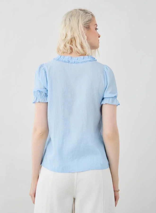 Take Two Take Two Solid Puff Sleeve Ruffled Detail Buttoned Top