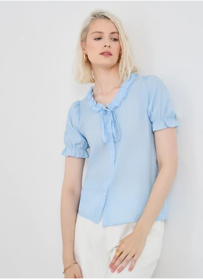 Take Two Take Two Solid Puff Sleeve Ruffled Detail Buttoned Top