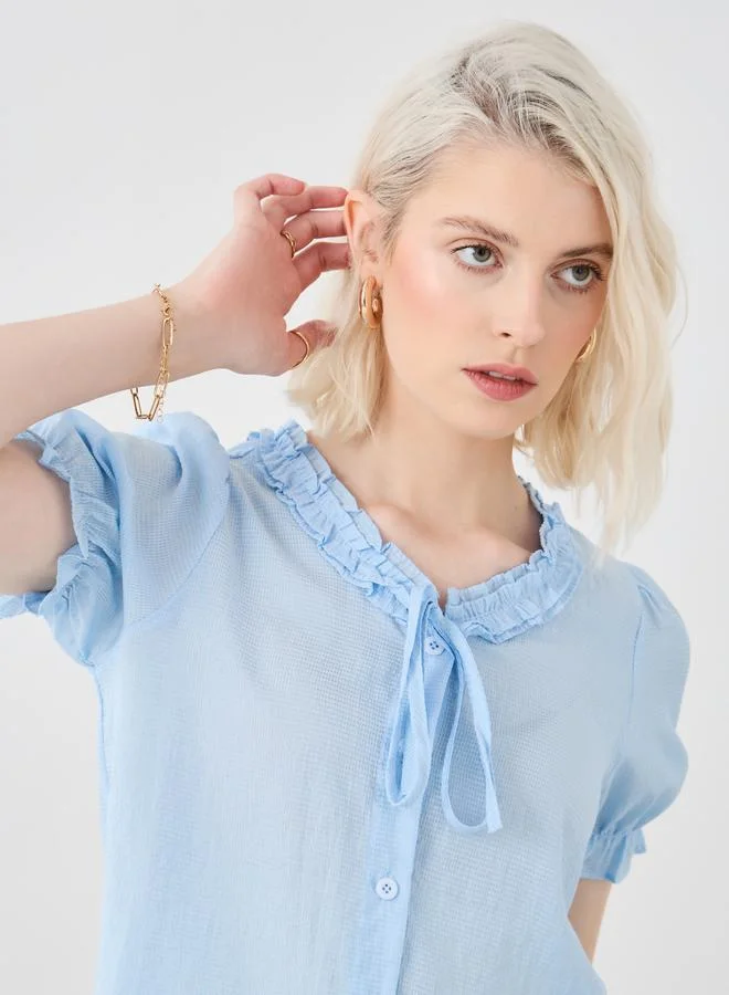 Take Two Take Two Solid Puff Sleeve Ruffled Detail Buttoned Top