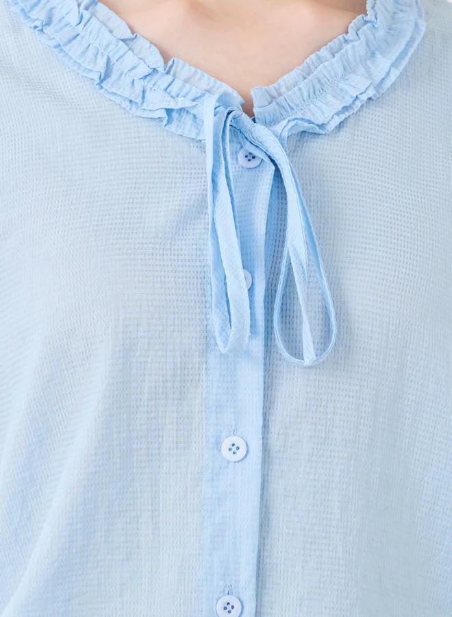 Take Two Take Two Solid Puff Sleeve Ruffled Detail Buttoned Top