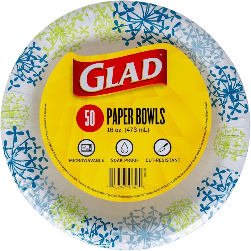 Glad Disposable Paper Bowls Blue Hydrangea Print  Round Soak Proof Cut Proof Microwaveable Heavy Duty Disposable Bowls  Bulk Paper Bowls for Parties Dinner Paper Plates 16 Oz 50 Count - Image 1