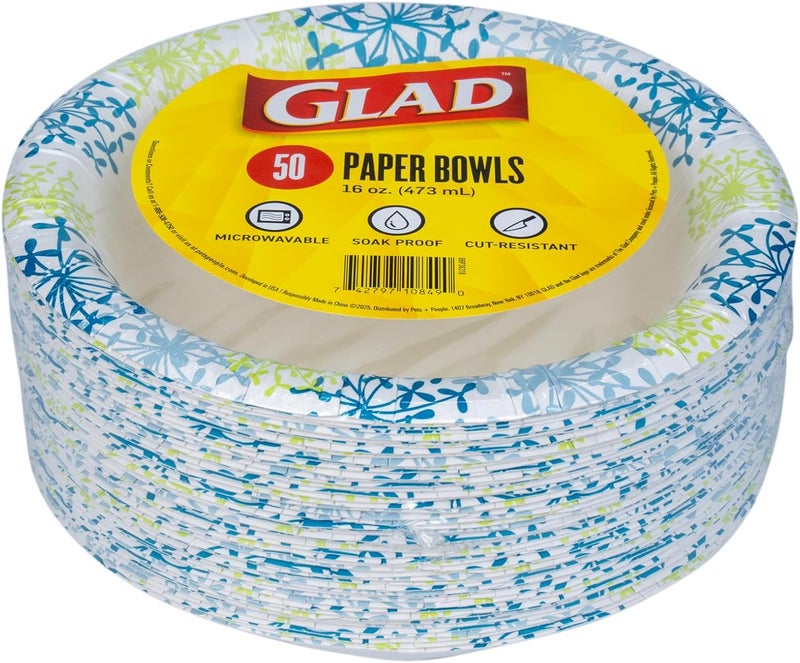 Glad Disposable Paper Bowls Blue Hydrangea Print  Round Soak Proof Cut Proof Microwaveable Heavy Duty Disposable Bowls  Bulk Paper Bowls for Parties Dinner Paper Plates 16 Oz 50 Count - Image 5