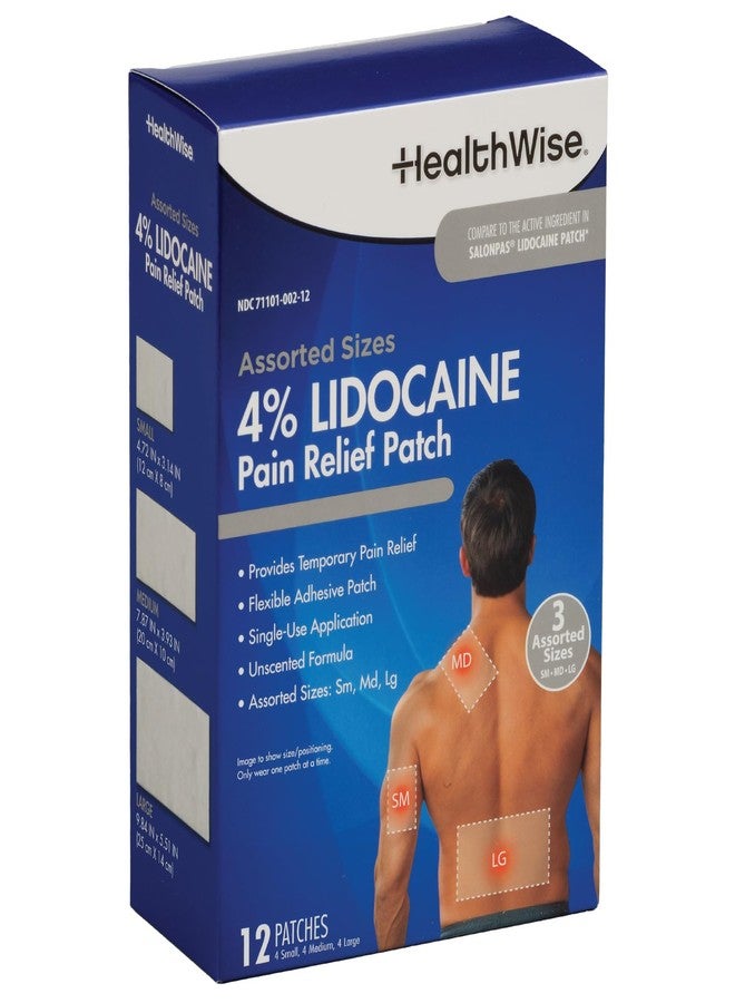 HealthWise Lidocaine Pain Patch | 4% OTC Lidocaine | 12-Count Assorted Sizes | Paraben-Free Formula | Temporarily Soothes Minor Aches and Pains | Unscented | Flexible Application - Image 1