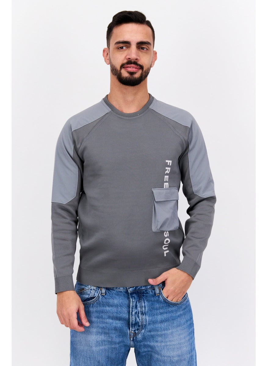 Free Soul Men Crew Neck Brand Logo Long Sleeves Sweatshirt, Grey  - Image 1