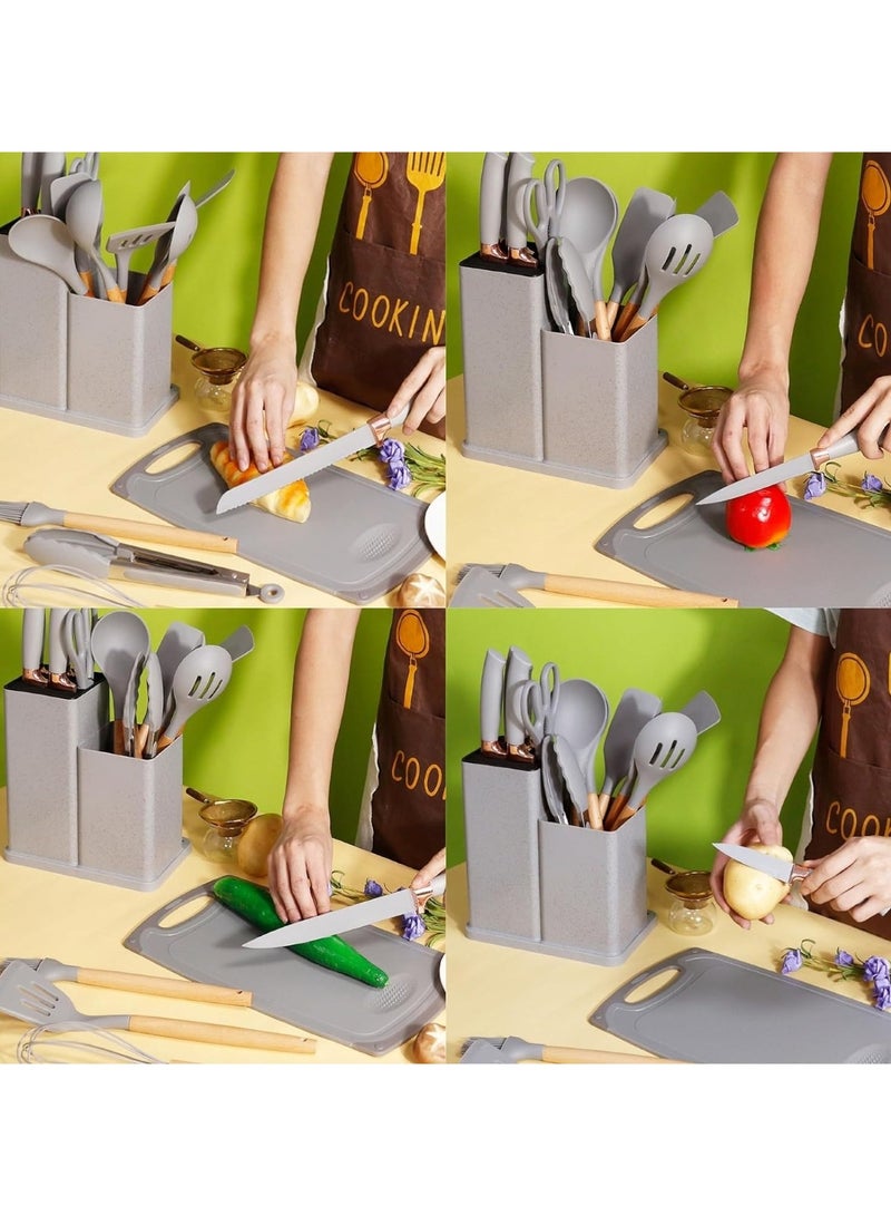 هويتك مجموعة أدوات المطبخ المصنوعة من السيليكون باللون الرمادي والمكونة من 19 قطعة مع السكاكين ولوح التقطيع والأدوات - Image 5