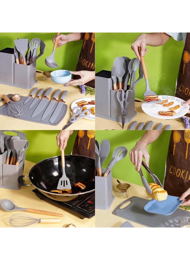 هويتك مجموعة أدوات المطبخ المصنوعة من السيليكون باللون الرمادي والمكونة من 19 قطعة مع السكاكين ولوح التقطيع والأدوات - Image 4