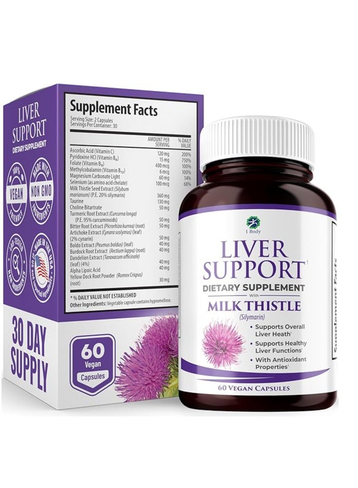 1 Body Liver Support Supplement  Liver Cleanse Repair - Milk Thistle 60 Caps