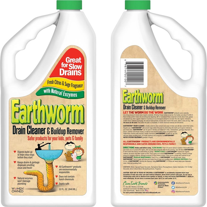 Earthworm Drain Cleaner - Clog Remover - Drain Opener/Deodorizer - Natural Enzymes, Safer for Families, Environmentally Responsible - 32 fl oz - Image 1