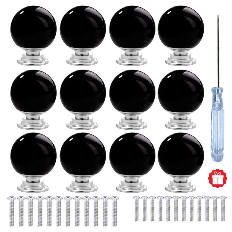 ANJUU 12 Pcs 30mm Round Shape Bubble Crystal Glass Cabinet Knobs with Screws Drawer Knob Pull Handle Used for Kitchen Dresser Door Cupboard Black