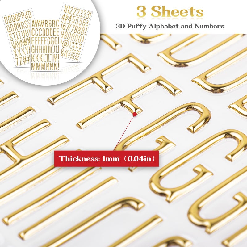 Dizdkizd 1 Inch 3D Gold Letter Stickers, Small Foam Puffy Alphabet Number Decals for Scrapbooking, Grad Cap Decorations, DIY Crafts, Personalized Presents - 3 Sheets - Image 3