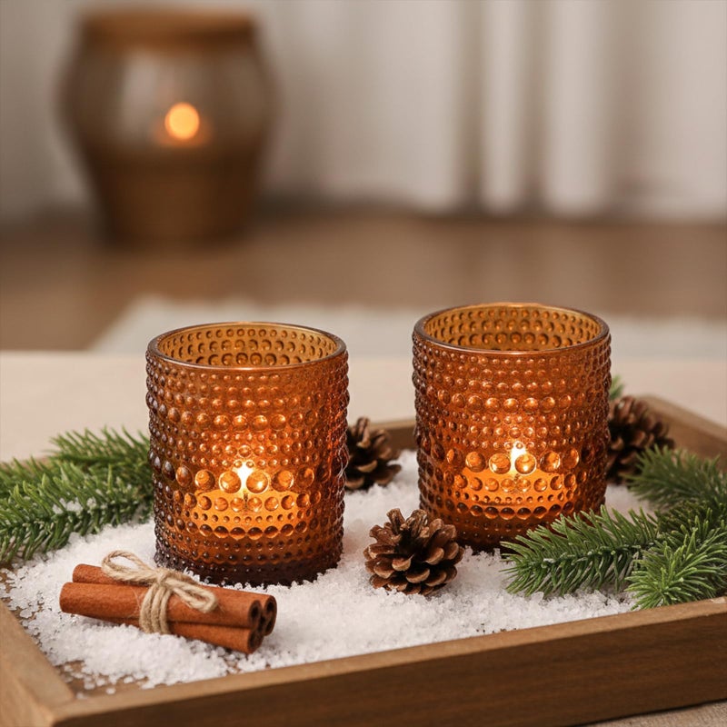 TRIRITE 24pcs Amber Votive Candle Holders for Table, 2x2.5in Vintage Glass Small Tea Light Candles Holders for Home Decor, Tealight Candle Holder Decor for Wedding Centerpieces Baby Shower - Image 2