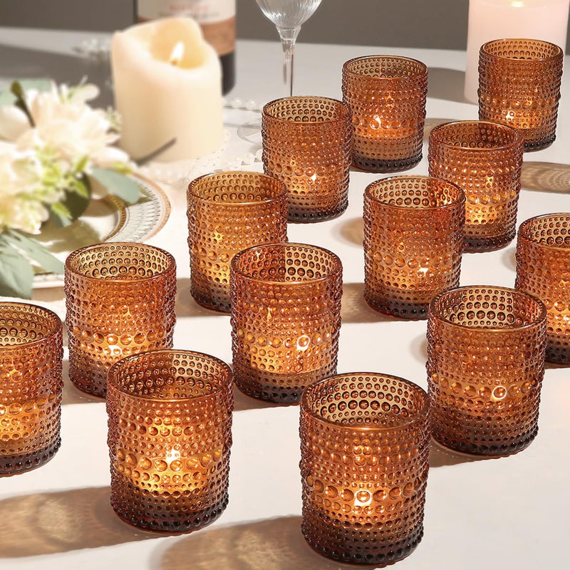 TRIRITE 24pcs Amber Votive Candle Holders for Table, 2x2.5in Vintage Glass Small Tea Light Candles Holders for Home Decor, Tealight Candle Holder Decor for Wedding Centerpieces Baby Shower - Image 1