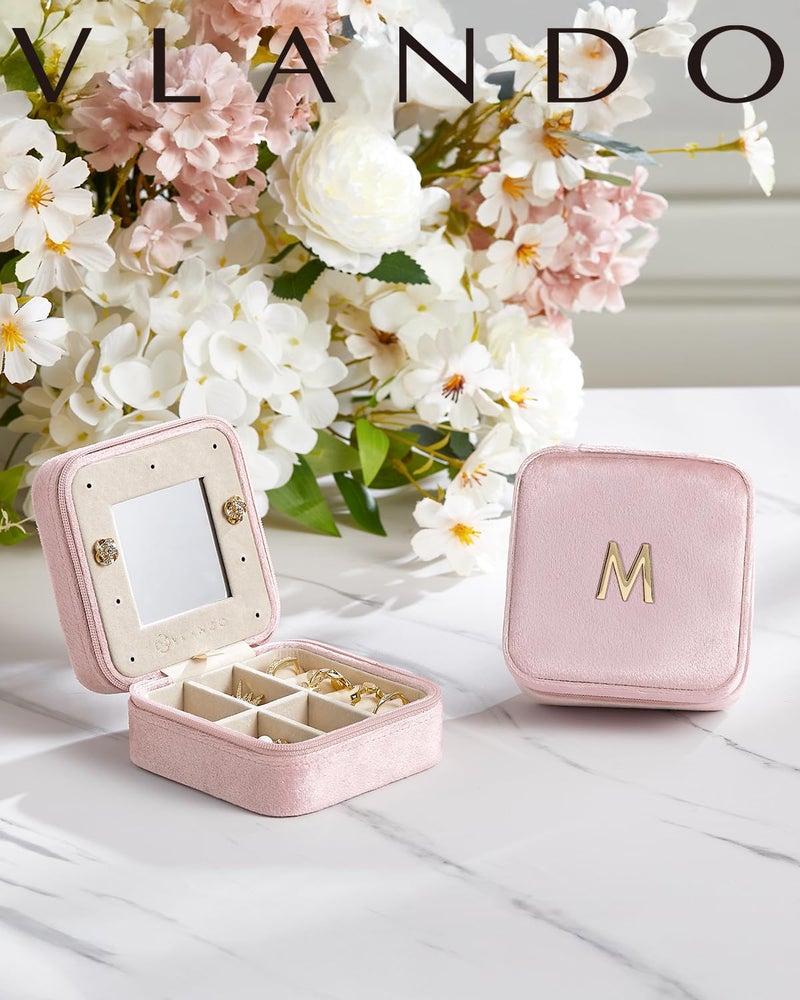 VLANDO Easter Basket Stuffers for Teen Girls, Travel Jewelry Case for Women, A Initial Jewelry Case, Mini Jewelry Travel Organizer Travel Essentials for Travel Gift- Letter A, Pink - Image 2