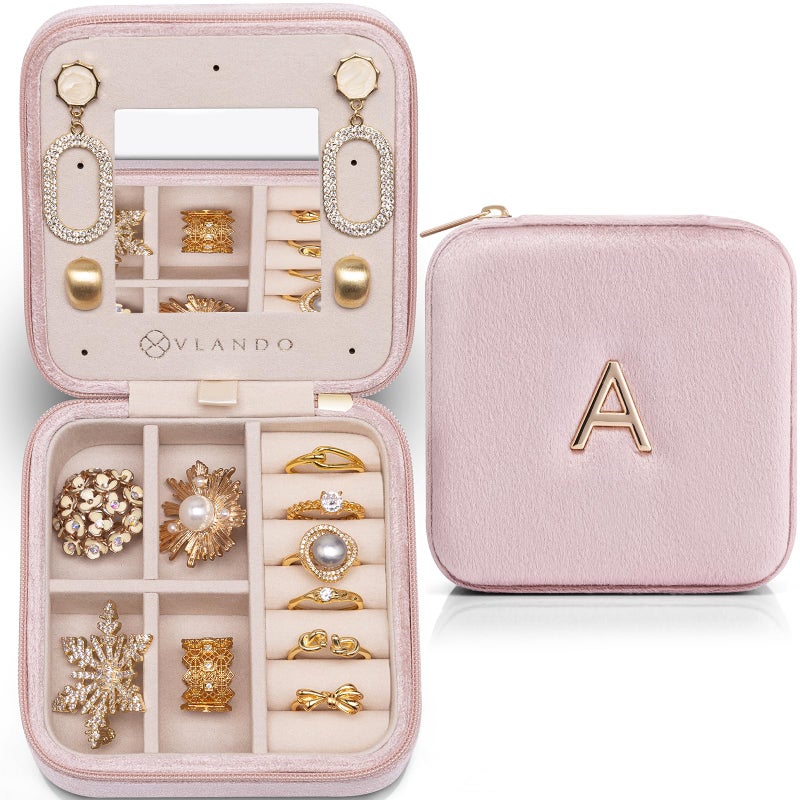 VLANDO Easter Basket Stuffers for Teen Girls, Travel Jewelry Case for Women, A Initial Jewelry Case, Mini Jewelry Travel Organizer Travel Essentials for Travel Gift- Letter A, Pink - Image 1