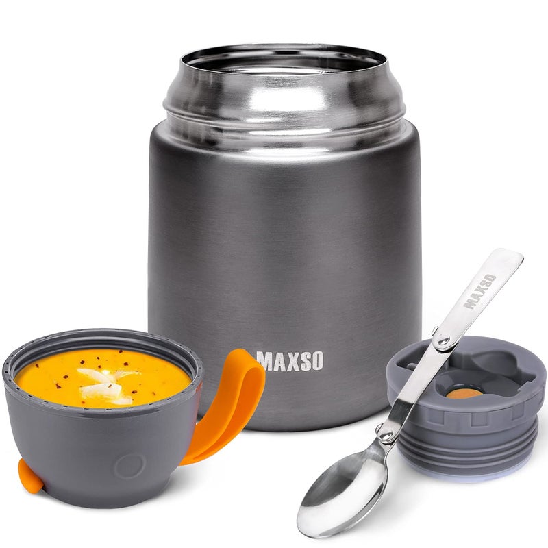 MAXSO Soup Thermo for Hot Cold Food for Adults Kids 17 oz Vacuum Insulated Steel Lunch Container Bento Box with Spoon Leakproof Thermal Food Jar for School Office Travel Grey