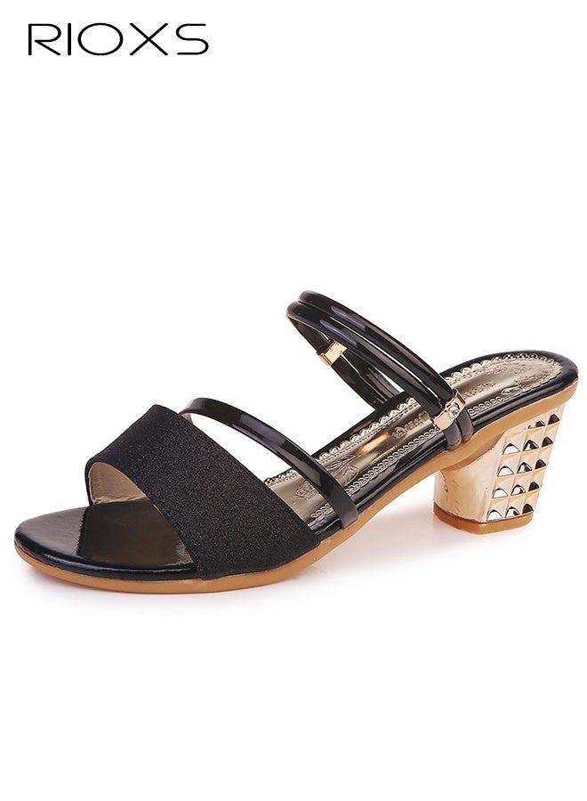 ريوكس حذاء نسائي بكعب سميك وحزام، صندل صيفي عصري لامع بأصابع مفتوحة وكتف مفتوح، شبشب مريح للسيدات، حذاء صيفي رسمي بحزام مزدوج للمواعيد/حفلات الزفاف/العمل/النادي/الحفلات، أسود - Image 1