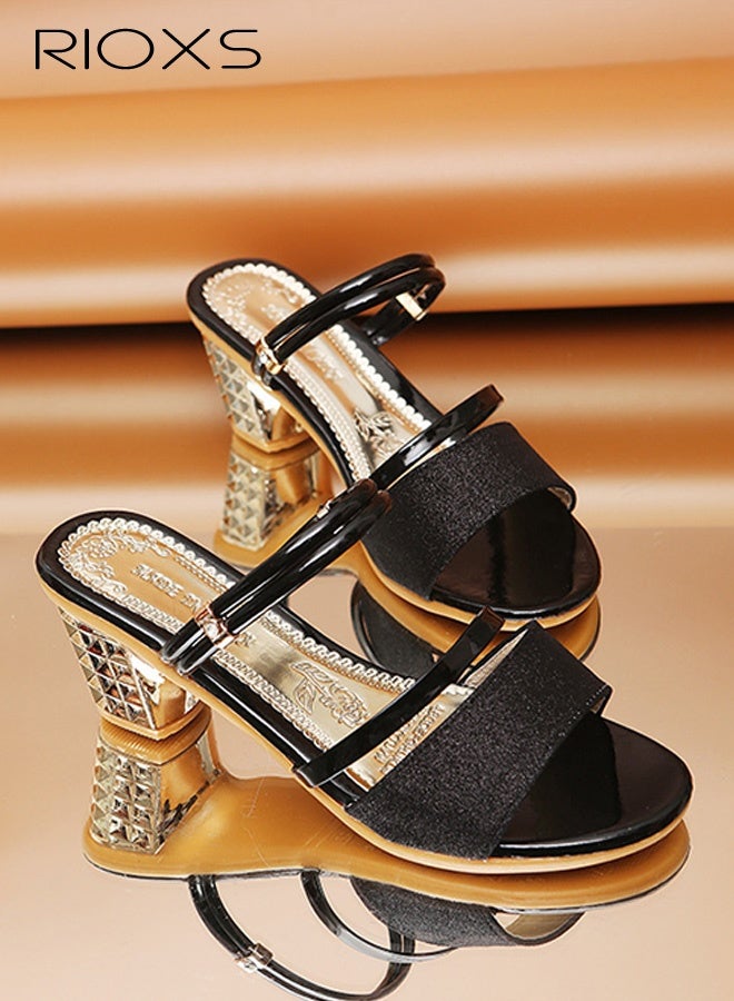 ريوكس حذاء نسائي بكعب سميك وحزام، صندل صيفي عصري لامع بأصابع مفتوحة وكتف مفتوح، شبشب مريح للسيدات، حذاء صيفي رسمي بحزام مزدوج للمواعيد/حفلات الزفاف/العمل/النادي/الحفلات، أسود - Image 3