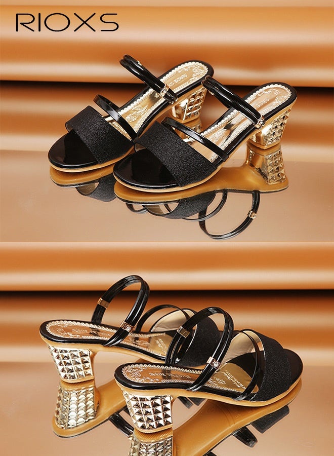 ريوكس حذاء نسائي بكعب سميك وحزام، صندل صيفي عصري لامع بأصابع مفتوحة وكتف مفتوح، شبشب مريح للسيدات، حذاء صيفي رسمي بحزام مزدوج للمواعيد/حفلات الزفاف/العمل/النادي/الحفلات، أسود - Image 4