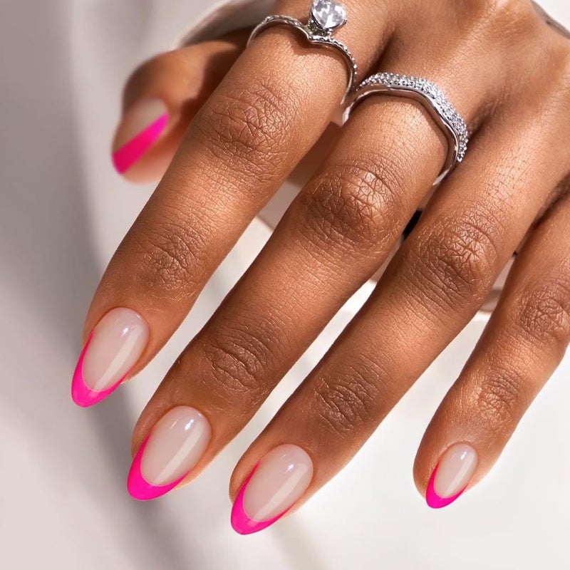 BTArtbox French Tip Press On Nails Almond - BTArtbox Hot Pink Short Stick On Nails for Women, Glue On Nails with Nail Glue in 16 Sizes - 32 Soft Gel Fake Nails Kit, Berry French - Image 1