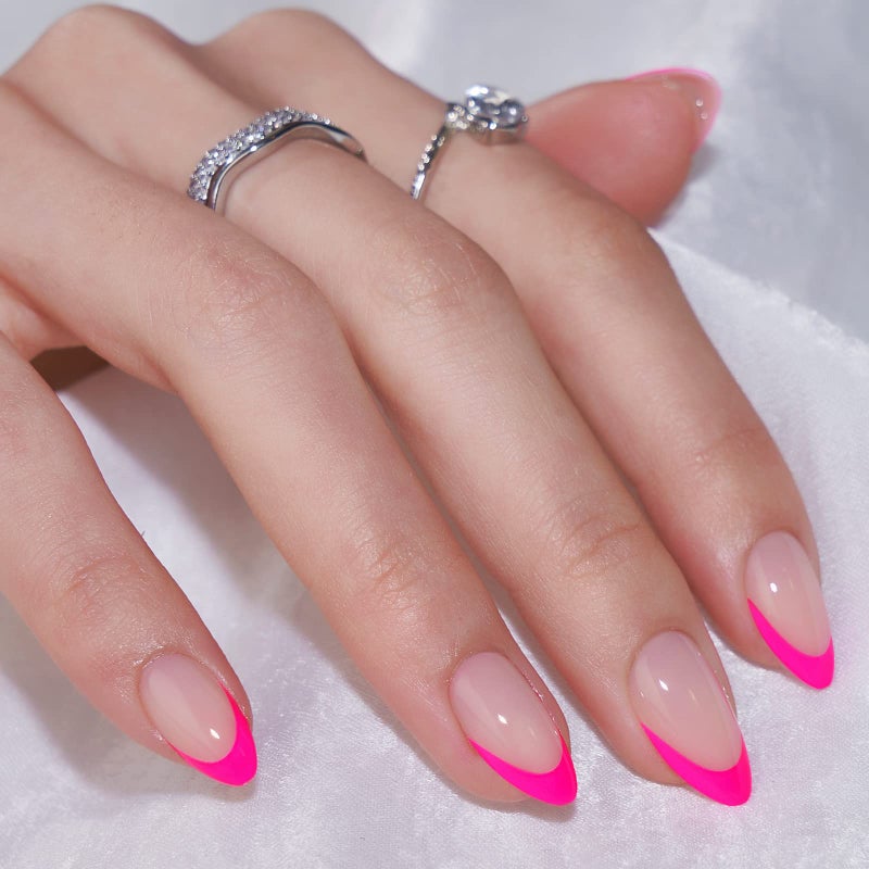 BTArtbox French Tip Press On Nails Almond - BTArtbox Hot Pink Short Stick On Nails for Women, Glue On Nails with Nail Glue in 16 Sizes - 32 Soft Gel Fake Nails Kit, Berry French - Image 3
